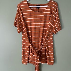 ‼️Rib Knit Striped Blouse with Tie